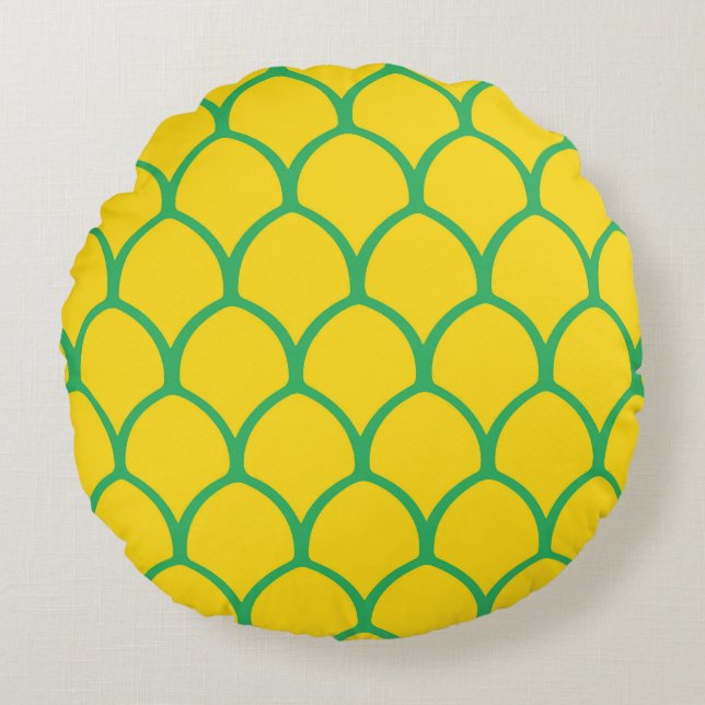 Tropical Pineapple Pattern in Green and Yellow Round Cushion (Front)