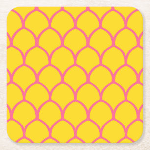 Tropical Pineapple Pattern in Pink and Yellow Square Paper Coaster