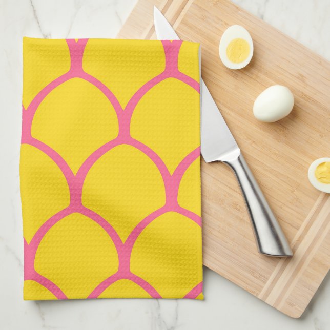 Tropical Pineapple Pattern in Pink and Yellow Tea Towel (Quarter Fold)