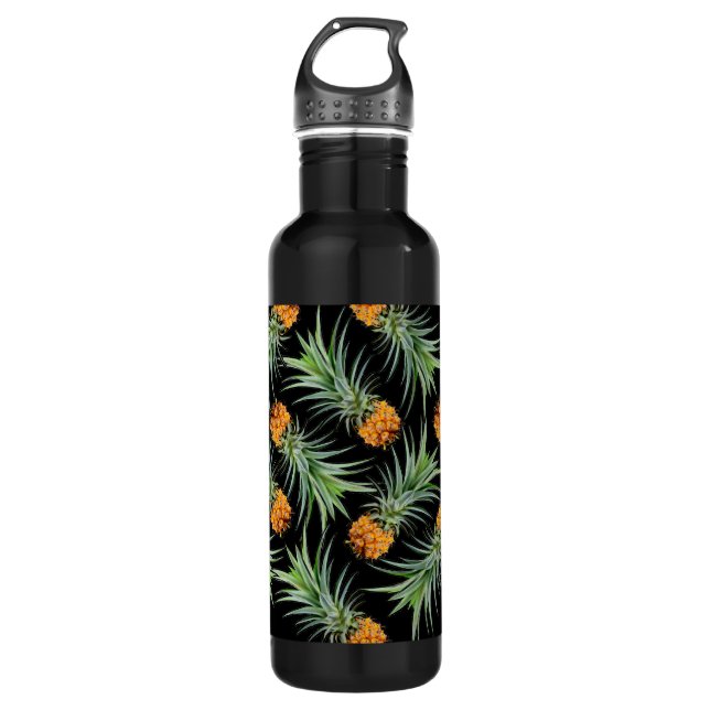 Tropical Pineapple Pattern on Black 710 Ml Water Bottle (Front)