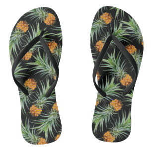Tropical Pineapple Pattern on Black Flip Flops