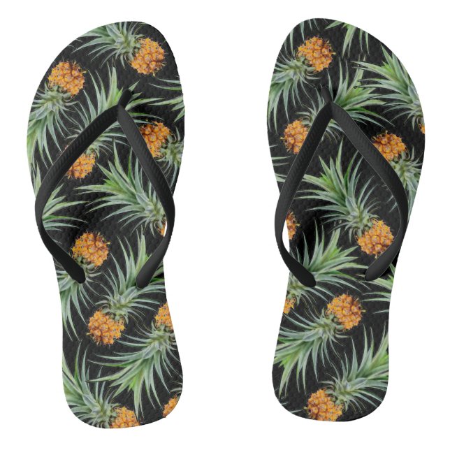 Tropical Pineapple Pattern on Black Flip Flops (Footbed)