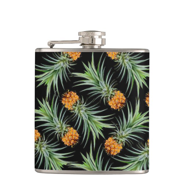 Tropical Pineapple Pattern on Black Hip Flask (Front)