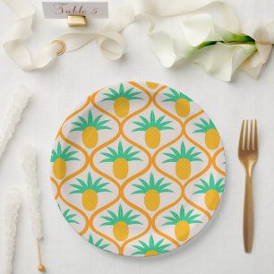 Tropical Pineapple Pattern on Orange Ogee Paper Plate