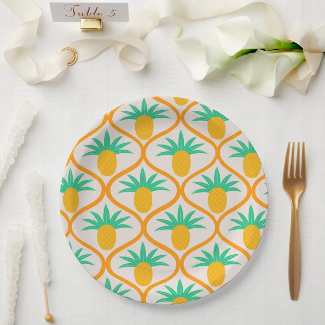 Tropical Pineapple Pattern on Orange Ogee  Paper Plate (Wedding)