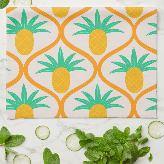 Tropical Pineapple Pattern on Orange Ogee  Tea Towel (Folded)