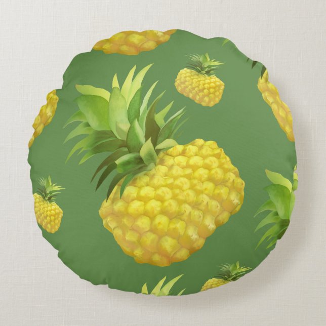 Tropical Pineapple Pattern: Summer Fruit Art Round Cushion (Front)
