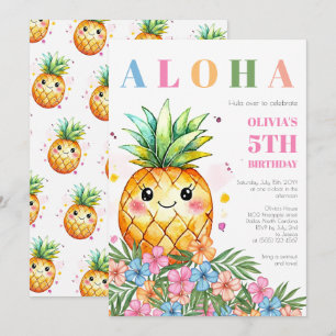 Tropical Pineapple Pink Aloha Kids Birthday Party Invitation