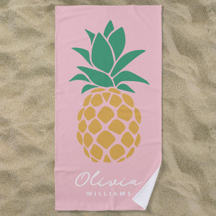 Tropical Pineapple Pink Custom Name Beach Towel