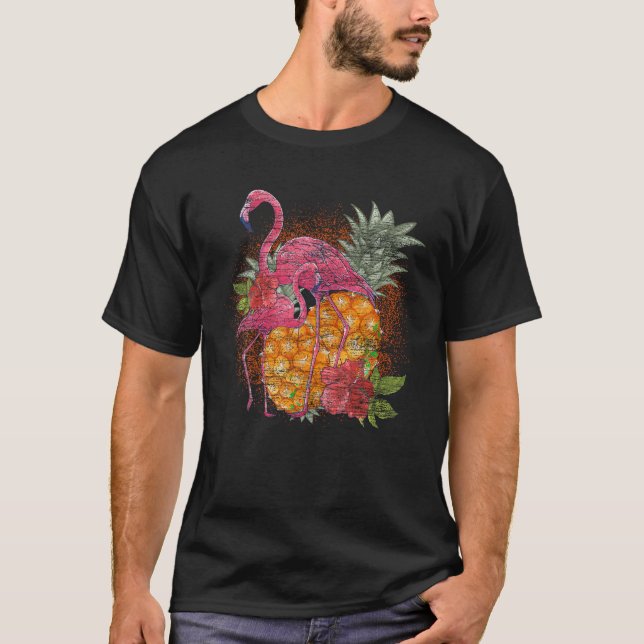 Tropical Pineapple Pink Flamingo Flowers Tropical  T-Shirt (Front)