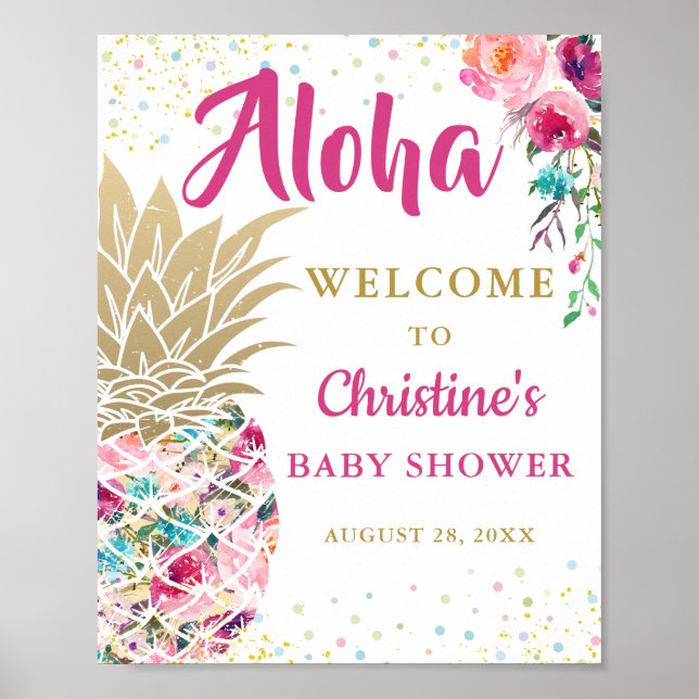 Tropical Pineapple Pink Floral Baby Shower Welcome Poster (Front)