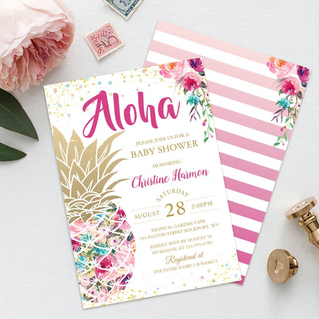 Tropical Pineapple Pink Gold Floral Baby Shower Invitation (Creator Uploaded)
