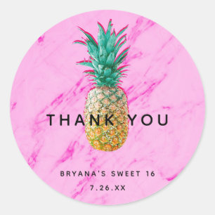 Tropical Pineapple & Pink Marble Chic Party Favour Classic Round Sticker