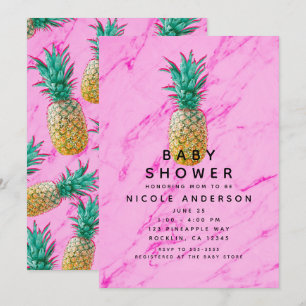 Tropical Pineapple Pink Marble Modern Baby Shower Invitation
