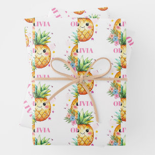 Tropical Pineapple Pink Name Girls Birthday Party Wrapping Paper Sheet