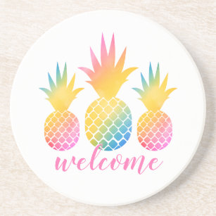 Tropical Pineapple Pink Rainbow Watercolor Welcome Coaster