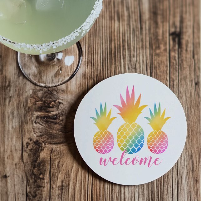 Tropical Pineapple Pink Rainbow Watercolor Welcome Coaster (Creator Uploaded)