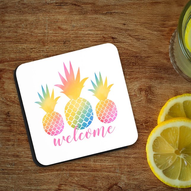 Tropical Pineapple Pink Rainbow Watercolor Welcome Coaster (Creator Uploaded)