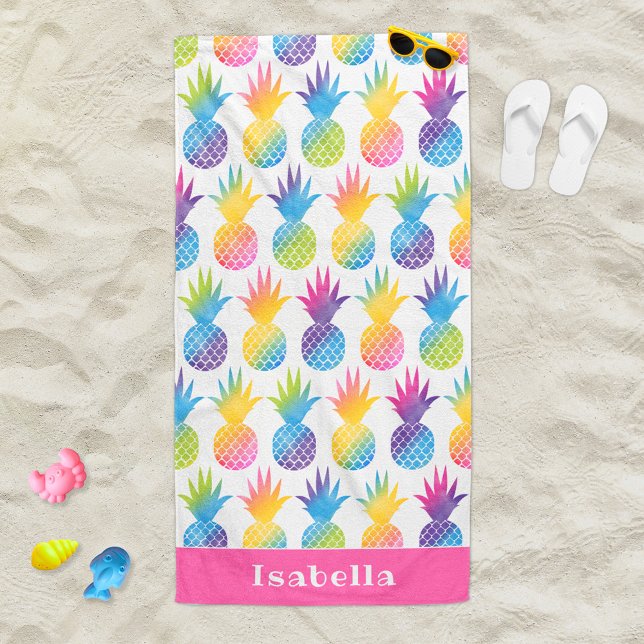 Tropical Pineapple Pink Watercolor Custom Name Beach Towel (Creator Uploaded)
