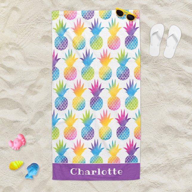 Tropical Pineapple Purple Watercolor Custom Name Beach Towel (Creator Uploaded)