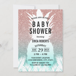 Tropical Pineapple Rose Gold Glitter Baby Shower Invitation