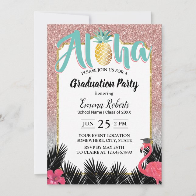Tropical Pineapple Rose Gold Glitter Graduation Invitation (Front)