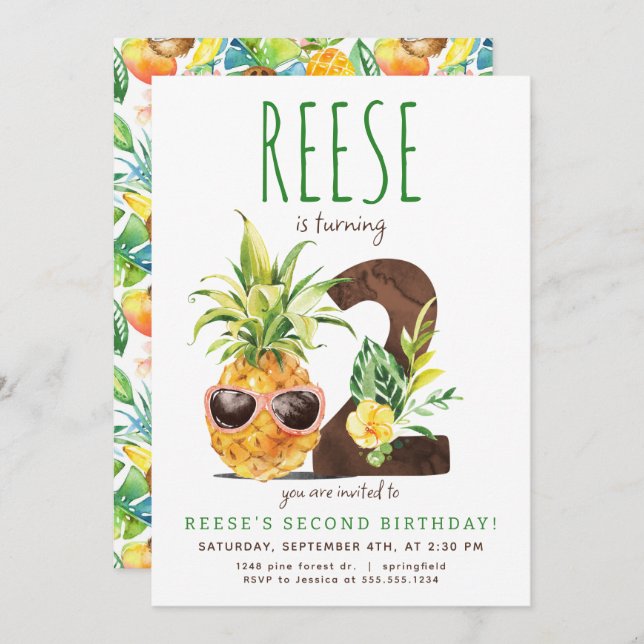 Tropical Pineapple Second Birthday Invitation (Front/Back)