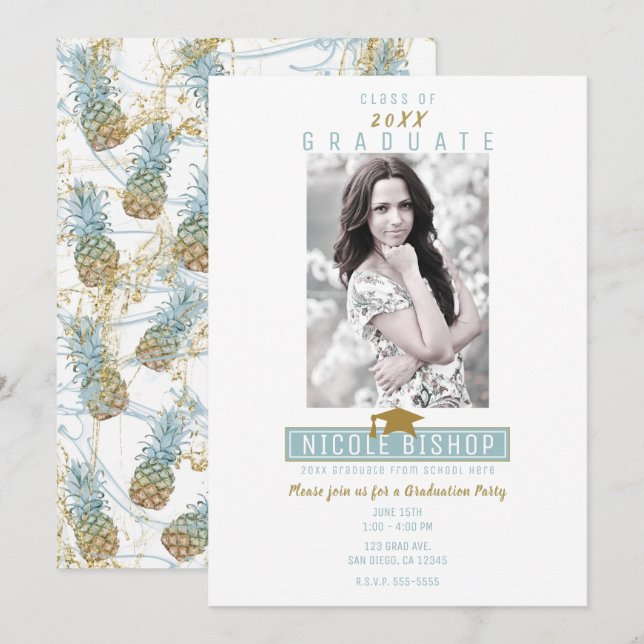 Tropical Pineapple Splash Graduation Party  Invitation (Front/Back)
