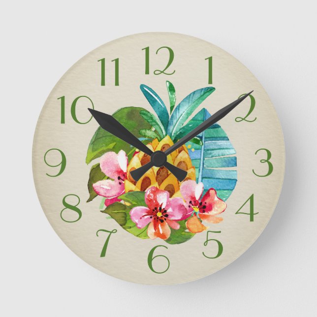 Tropical Pineapple Stilllife Watercolor Round Clock (Front)