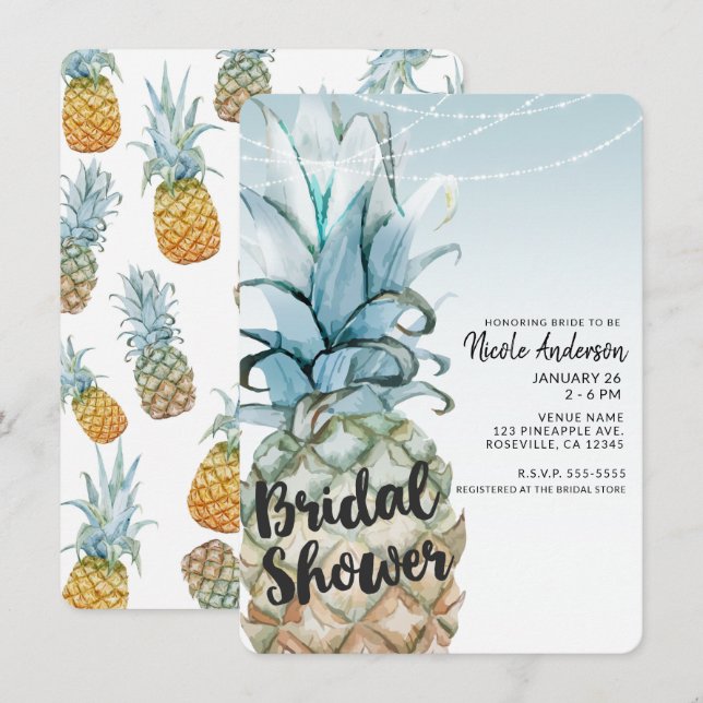 Tropical Pineapple & String Lights Bridal Shower Invitation (Front/Back)