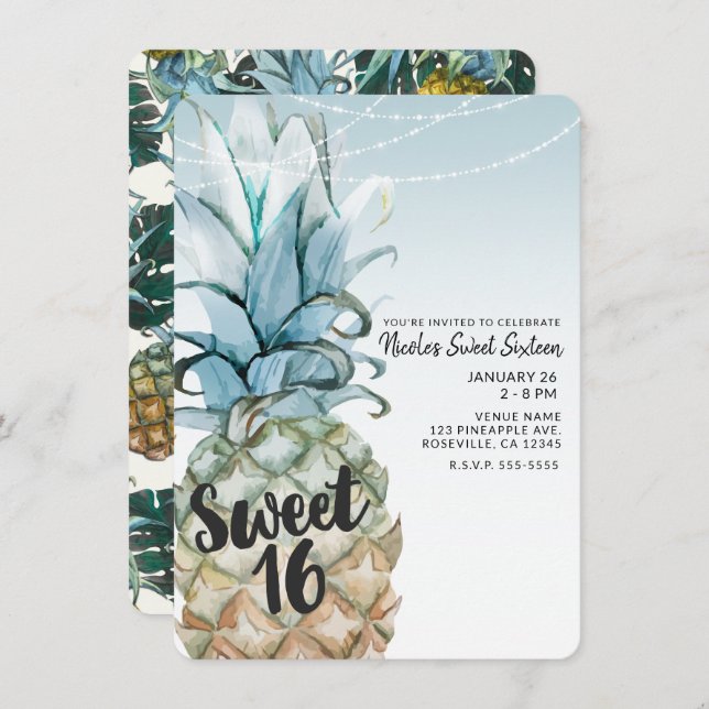 Tropical Pineapple & String Lights Sweet 16 Party Invitation (Front/Back)