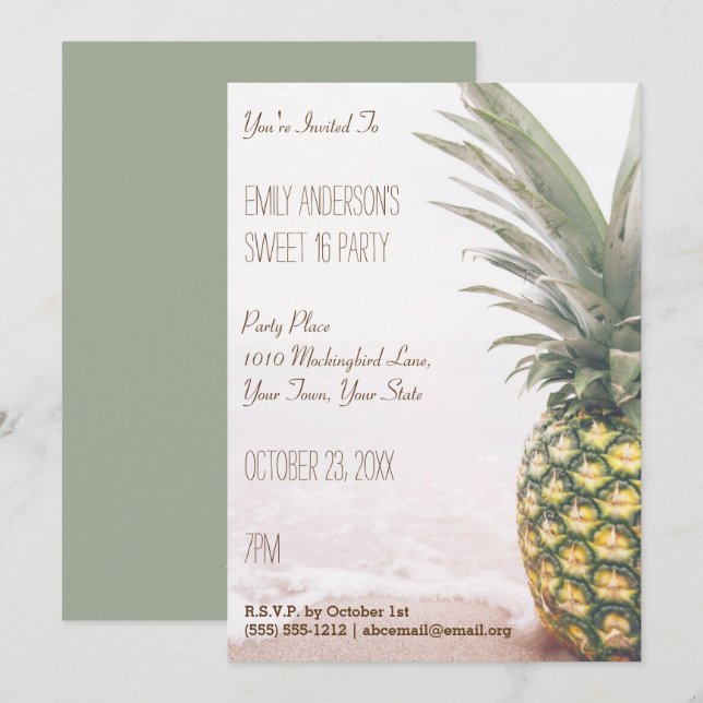 Tropical Pineapple Summer Beach Sweet 16 Birthday Invitation (Front/Back)