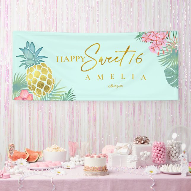 Tropical Pineapple Sweet 16 Happy Birthday ID922 Banner (Party)