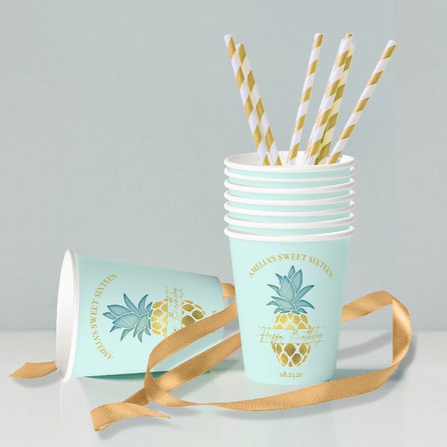 Tropical Pineapple Sweet 16 Happy Birthday ID922 Paper Cups (Creator Uploaded)