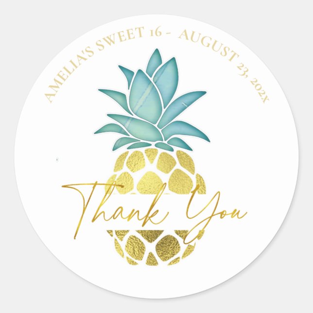 Tropical  Pineapple Sweet 16 Thank You ID922 Classic Round Sticker (Front)