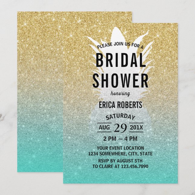 Tropical Pineapple Teal Gold Ombre Bridal Shower Invitation (Front/Back)