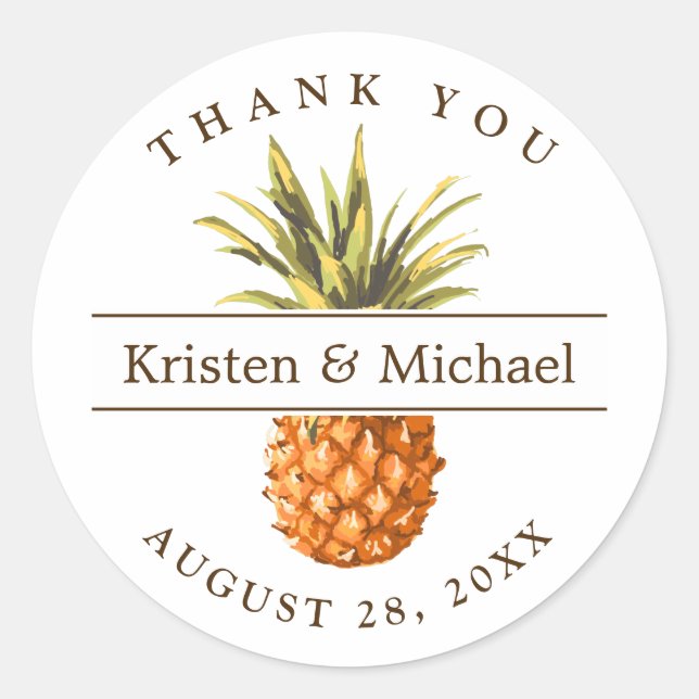 Tropical Pineapple Thank You Wedding Favour Classic Round Sticker (Front)