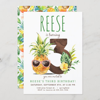 Tropical Pineapple Third Birthday Invitation