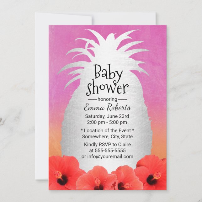 Tropical Pineapple Watercolor Floral Baby Shower Invitation (Front)