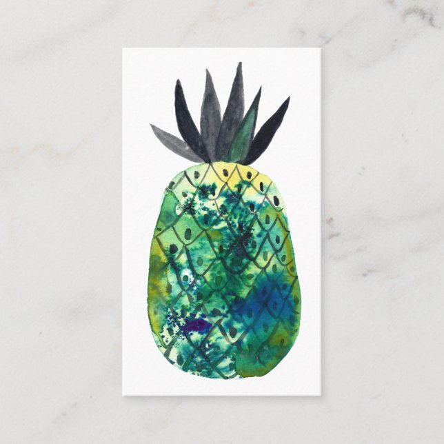 Tropical Pineapple Watercolor green blue Business Card (Front)