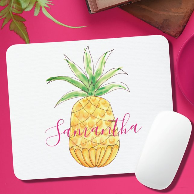 Tropical Pineapple Watercolor Name Monogram Mouse Mat (Creator Uploaded)