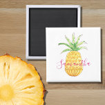 Tropical Pineapple Watercolor Personalised Magnet<br><div class="desc">This cute and girly magnet is decorated with a yellow watercolor pineapple and a name in pink. 
You can customise it by changing the name or making it a monogram.
Original Watercolor © Michele Davies.</div>