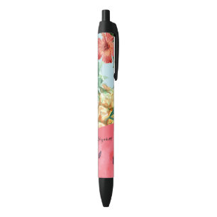 Tropical Pineapple Watermelon Hibiscus Black Ink Pen