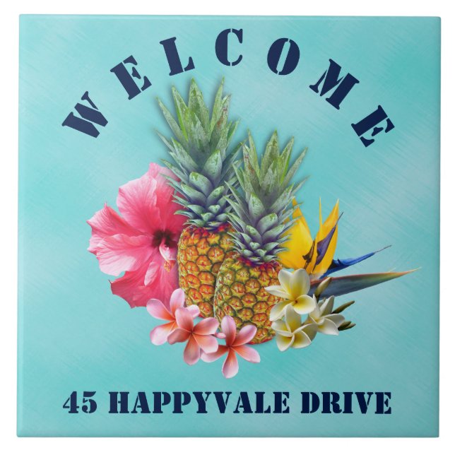 Tropical Pineapple Welcome House Address Tile (Front)