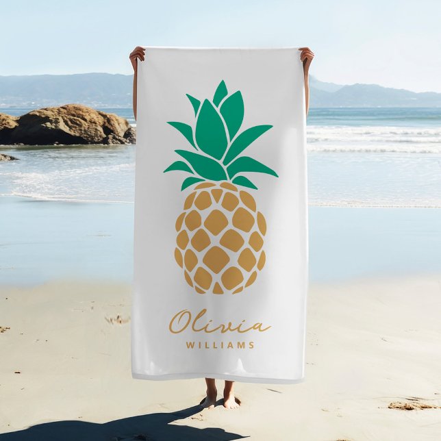 Tropical Pineapple White Custom Name  Beach Towel (Creator Uploaded)