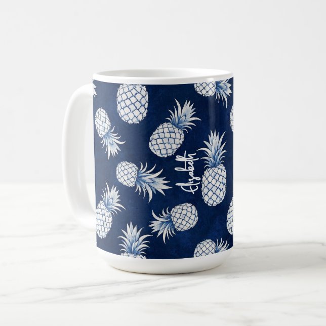 Tropical Pineapple with Name – Watercolor Style Coffee Mug (Front Left)