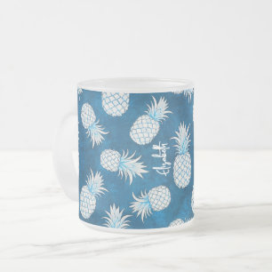 Tropical Pineapple with Name – Watercolor Style Frosted Glass Coffee Mug
