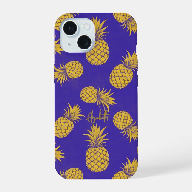 Tropical Pineapple with Name – Watercolor Style iPhone 15 Case (Back)