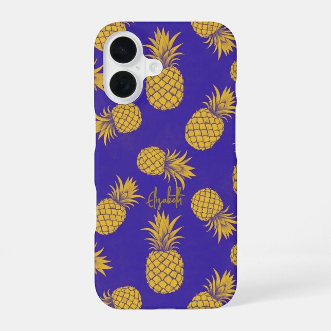 Tropical Pineapple with Name – Watercolor Style iPhone 16 Case (Back)