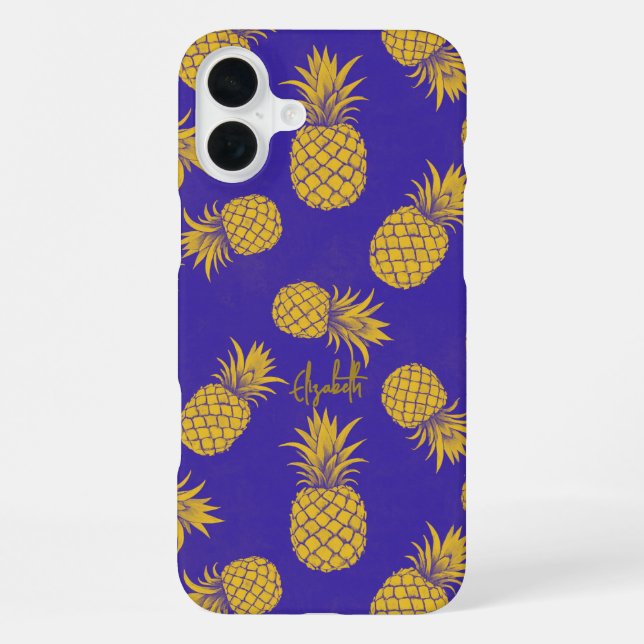 Tropical Pineapple with Name – Watercolor Style iPhone Case (Back)
